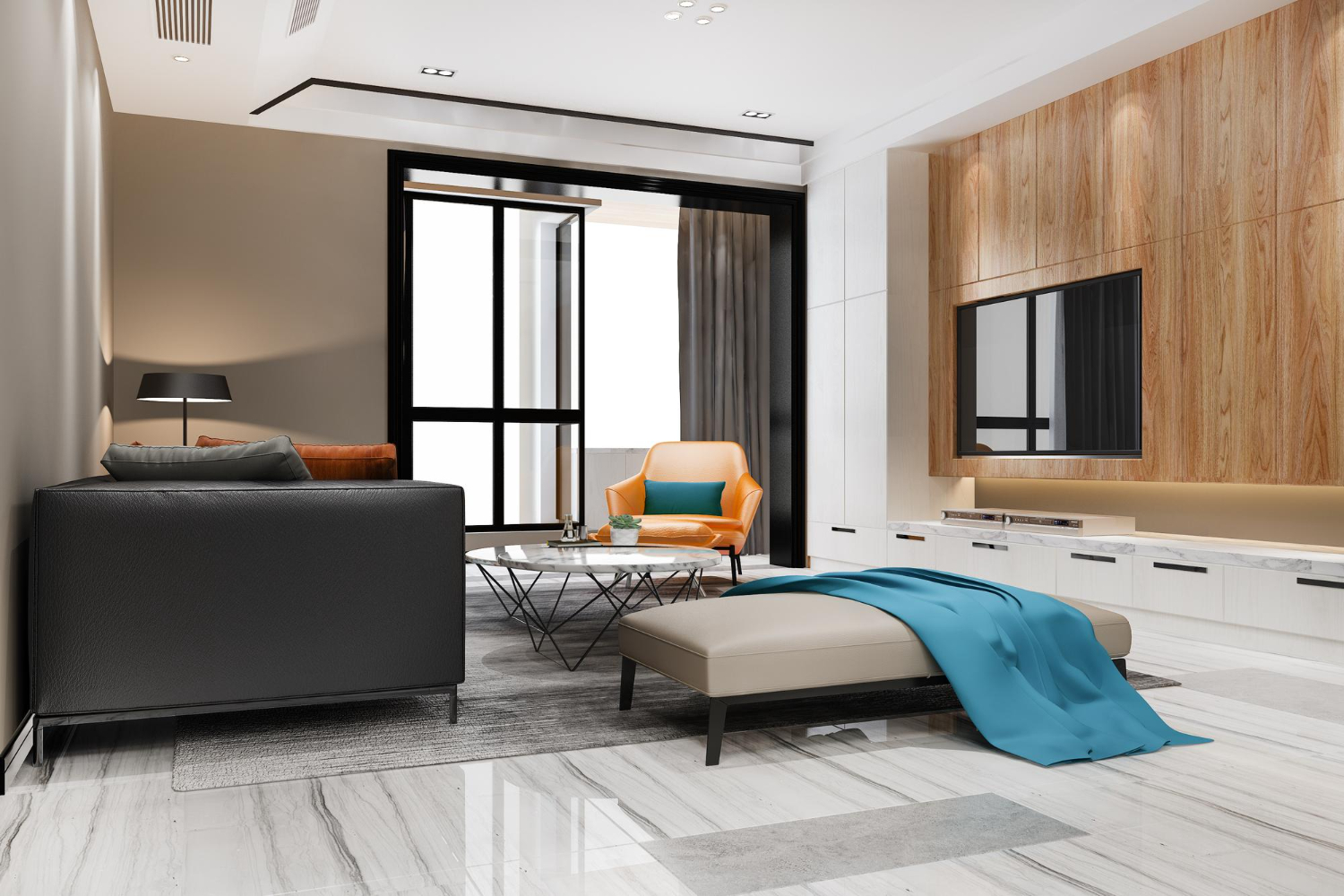 Salon moderne lumineux minimaliste avec grande baie vitrée par dr-menuiserie à tarn