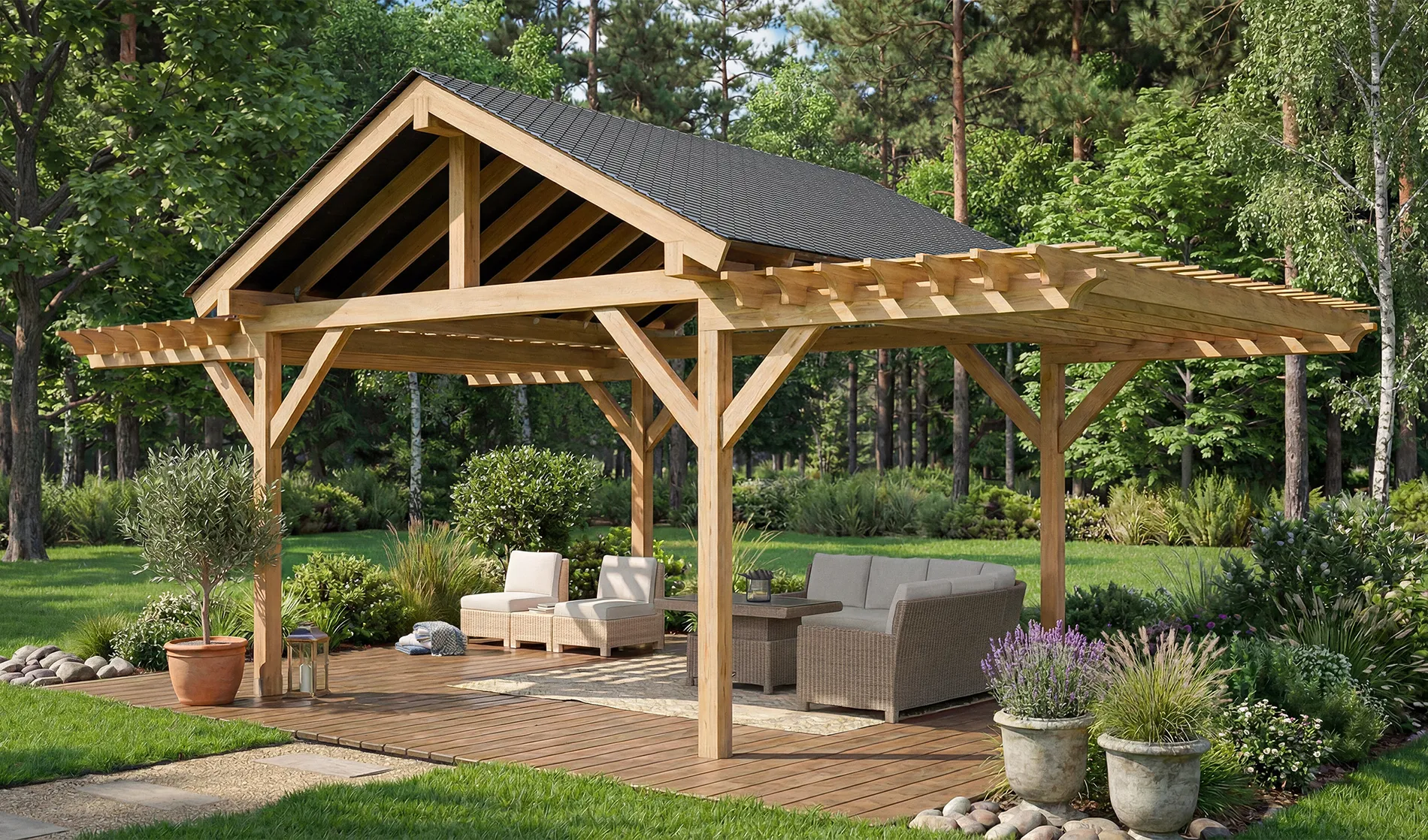 Salon de jardin sous pergola bois moderne par dr-menuiserie dans un jardin verdoyant du tarn
